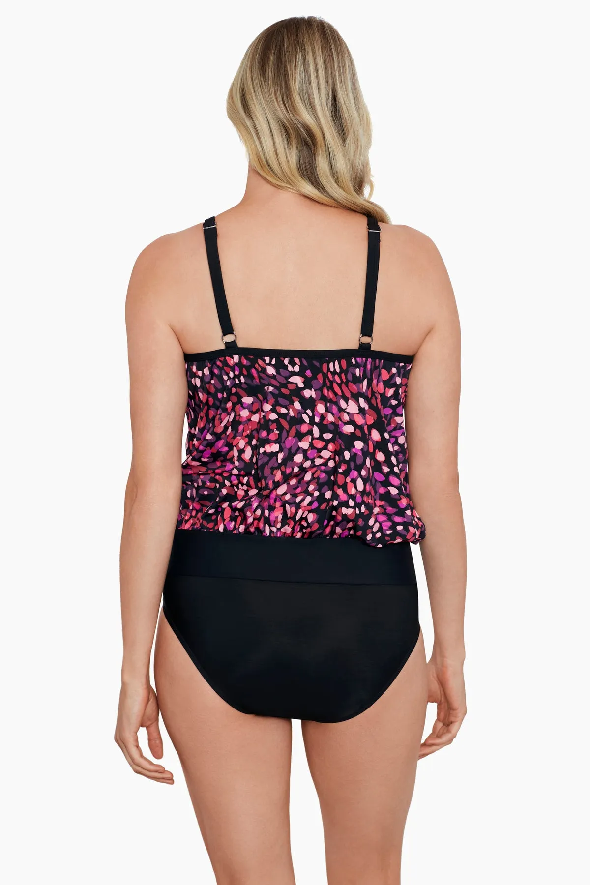 Abstract Dot High Neck Blouson Tankini Top W/ Mesh Inserts