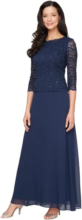 Alex Evenings Women's 3/4 Sleeve Stretch Lace Bodice One Piece Mother of The Bride Dress (Petite and Regular Sizes)