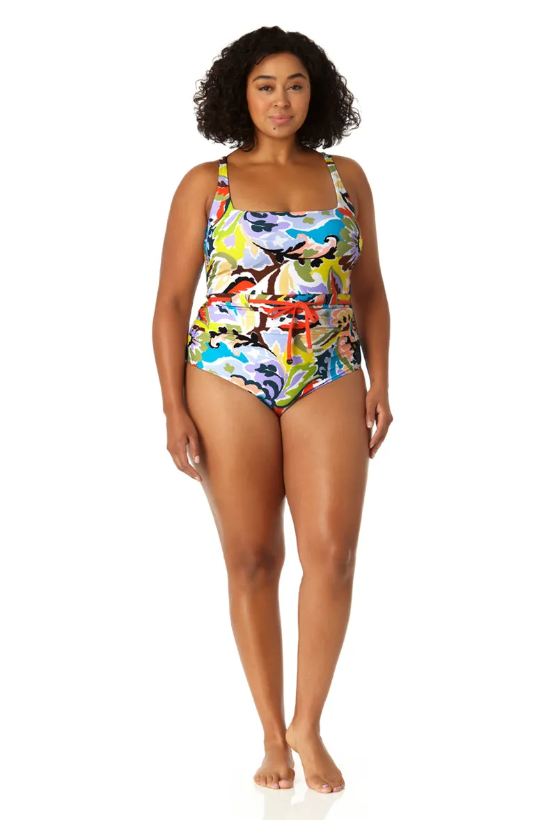 Anne Cole Plus - Women's Belted Square Neck One Piece Swimsuit