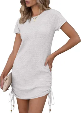 ANRABESS Women Swimwear Cover Up Short Sleeve Knit T Shirt Dress 2025 Summer Beach Drawstring Swim Suit Crochet Mini Dresses