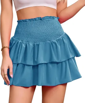 ANRILITA Mini Skirts for Women High Waist Ruffle Cute Flowy Skirt Casual Layered Skort with Shorts