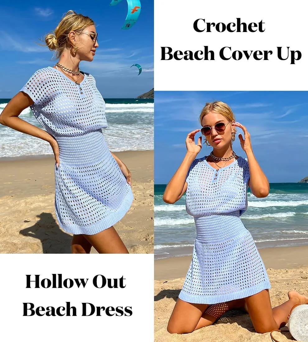 AOLRO Women's Swim Coverups Crochet Hollow Out Short Sleeve V Neck Beach Swimsuit Bathing Suit Cover Up Dresses S-XXL