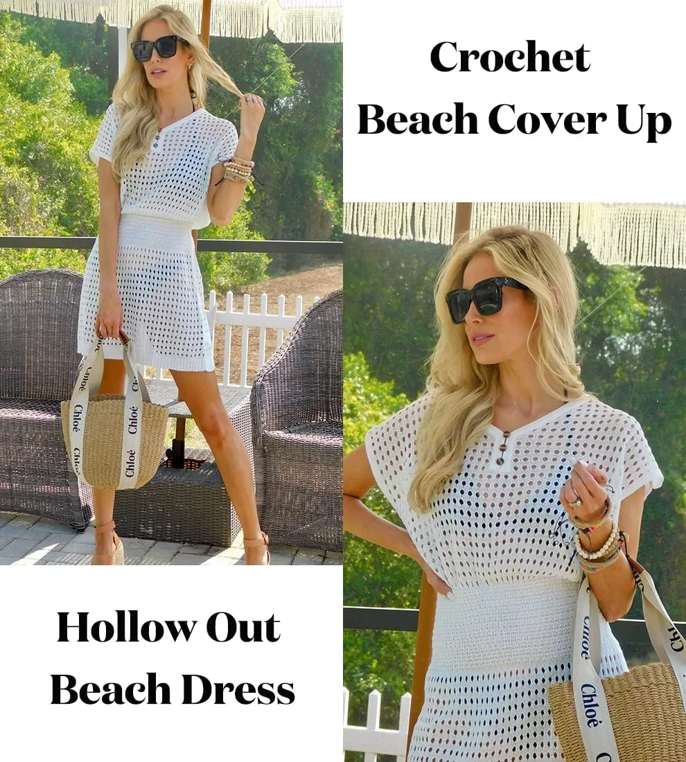 AOLRO Women's Swim Coverups Crochet Hollow Out Short Sleeve V Neck Beach Swimsuit Bathing Suit Cover Up Dresses S-XXL