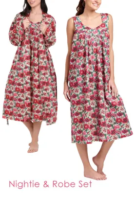 Arabella 100% Cotton Robe and Matching Lily Nightie Set in in Red Vibrant Floral MD-411F4 and MD-75F4