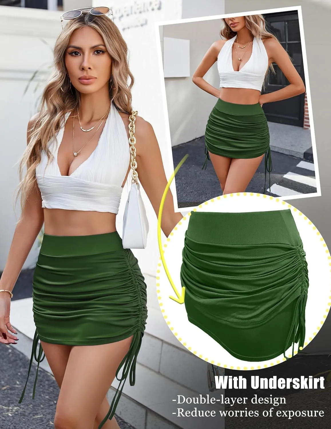 Avidlove Skirts for Women Sexy High Waist Side Drawstring Stretchy Ruched Bodycon Short Mini Skirt with Underskirt