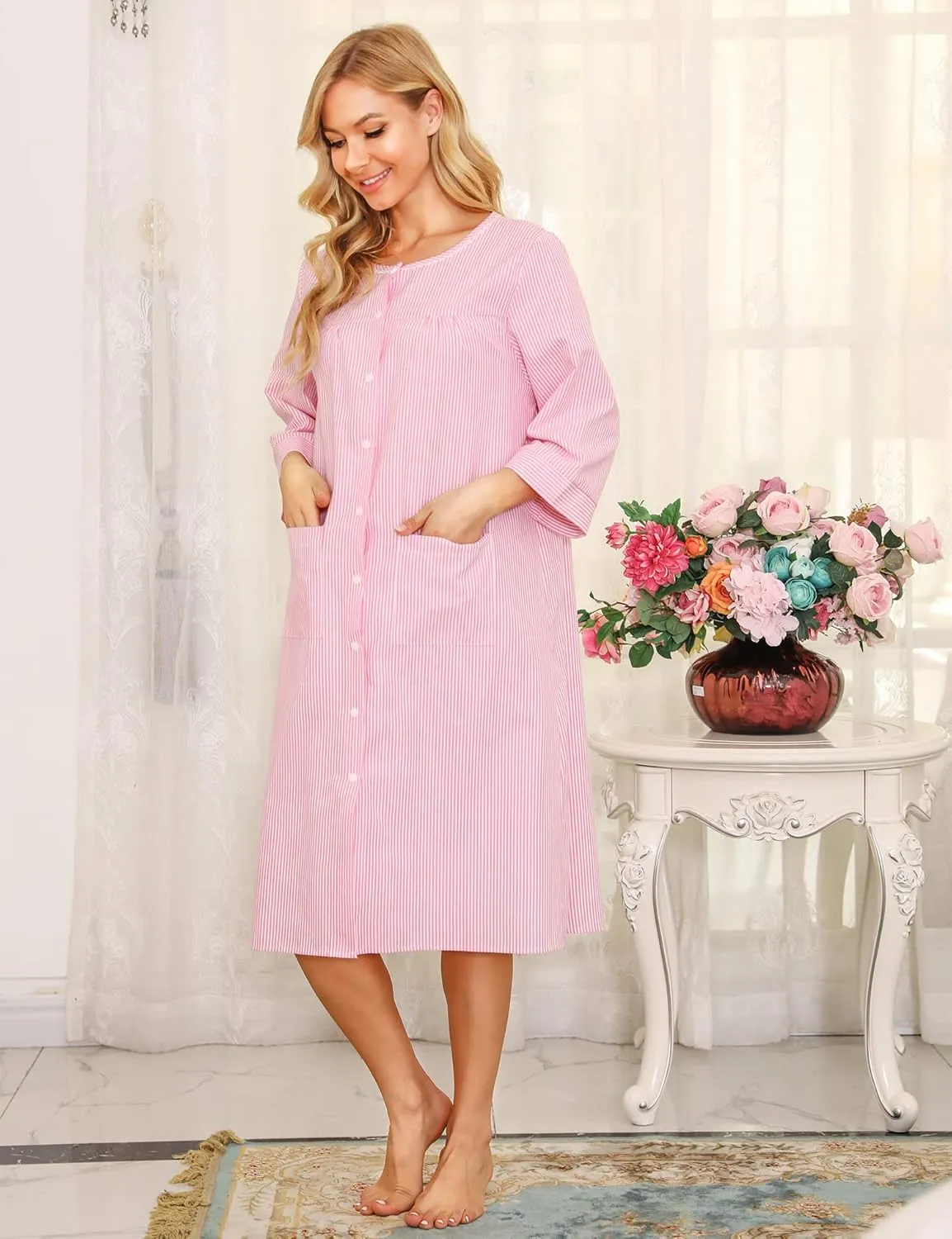 Bloggerlove House Dress Women Cotton Snap Front Nightgown 3/4 Sleeve Housecoat Duster Robe with Pockets Moomoo Patio Dress