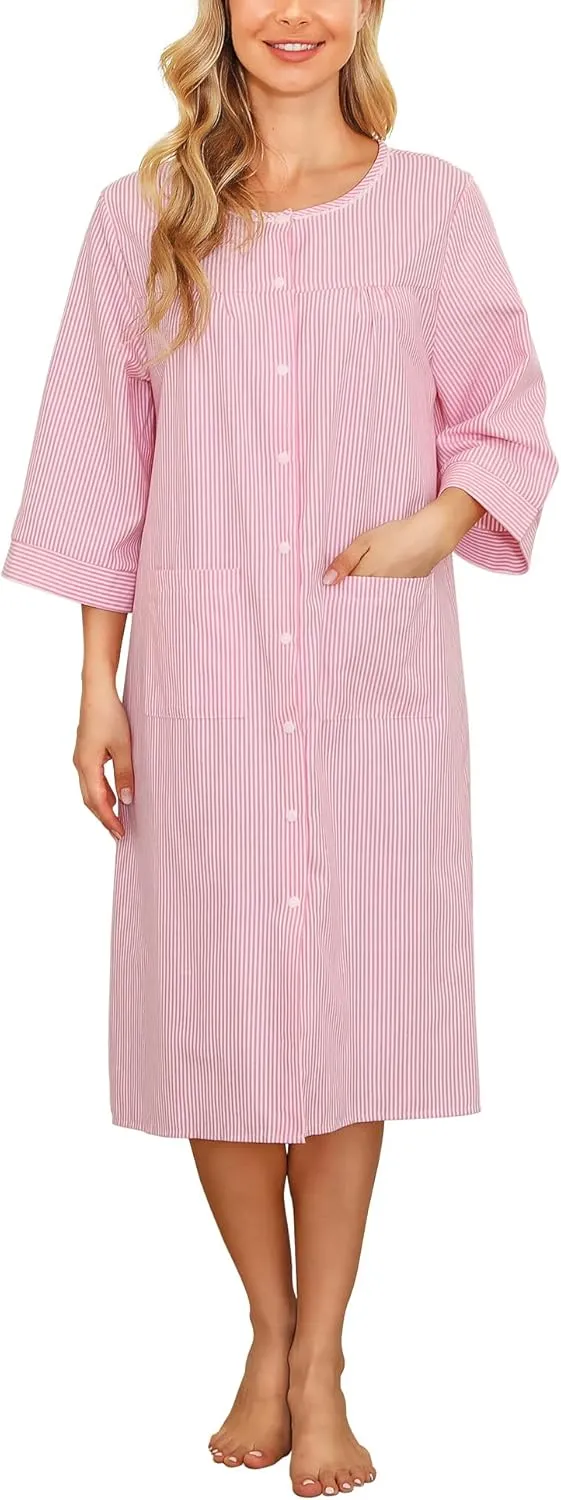 Bloggerlove House Dress Women Cotton Snap Front Nightgown 3/4 Sleeve Housecoat Duster Robe with Pockets Moomoo Patio Dress