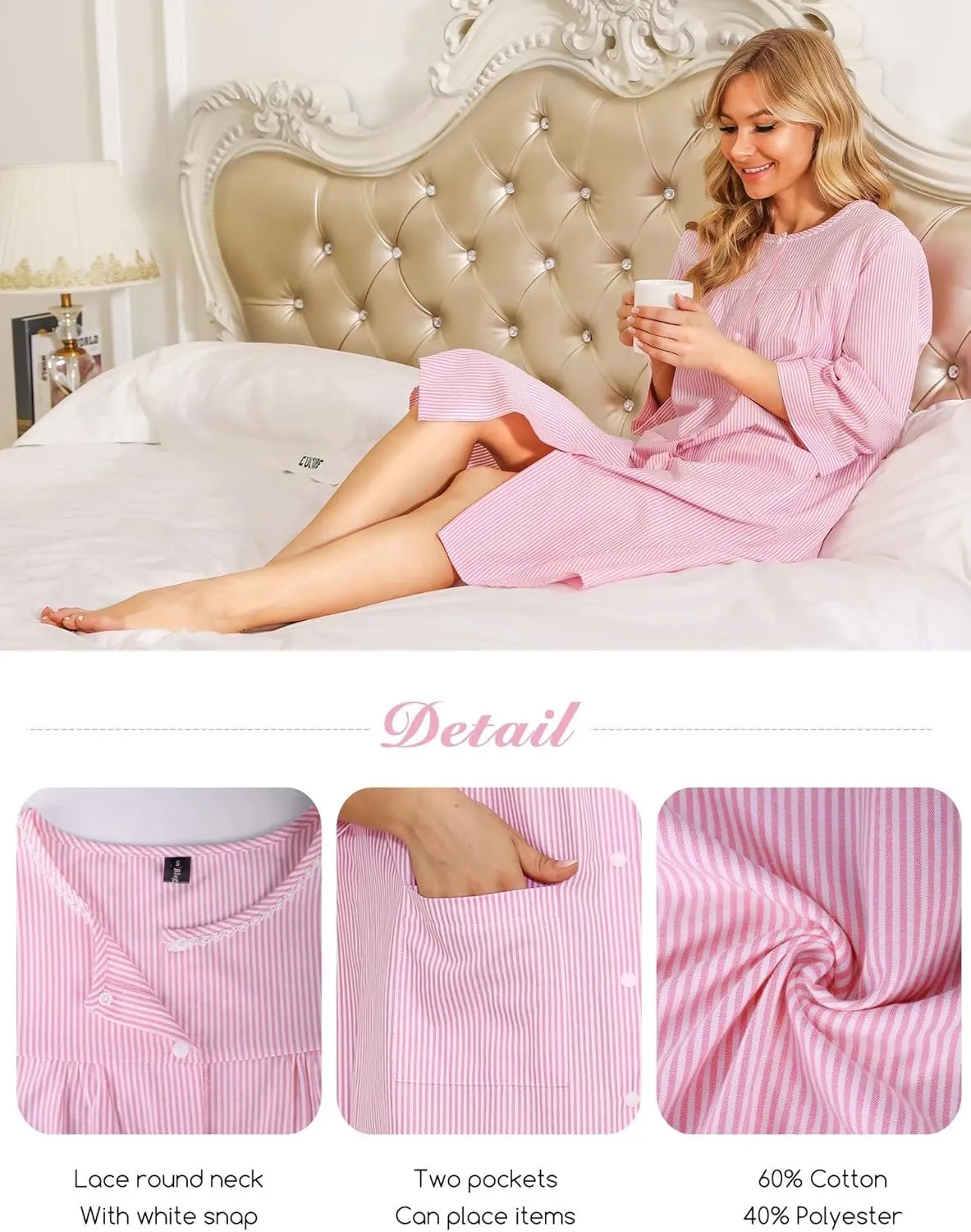 Bloggerlove House Dress Women Cotton Snap Front Nightgown 3/4 Sleeve Housecoat Duster Robe with Pockets Moomoo Patio Dress