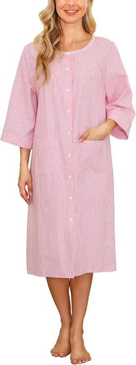 Bloggerlove House Dress Women Cotton Snap Front Nightgown 3/4 Sleeve Housecoat Duster Robe with Pockets Moomoo Patio Dress