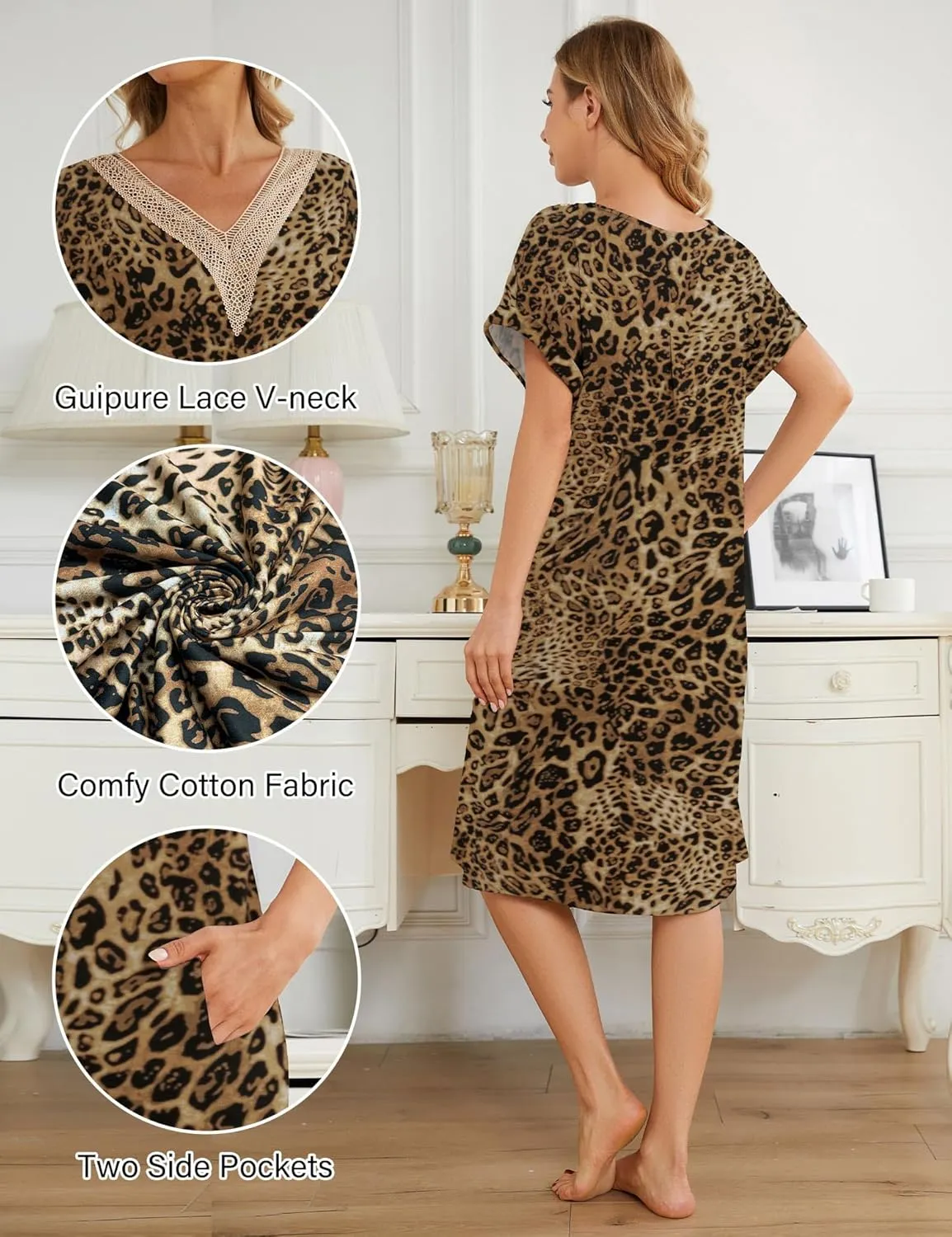 Bloggerlove Womens Cotton Nightgown House Dress with Pockets Moo Moo Nightgown Lace V Neck Mumu Short Sleeve Lounge Dress