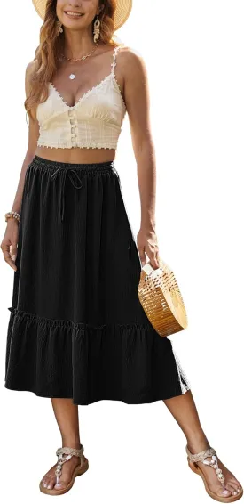 Bluetime Women Flowy Midi Skirt Summer Beach Pleated Elastic High Waisted A Line Tiered Skirt