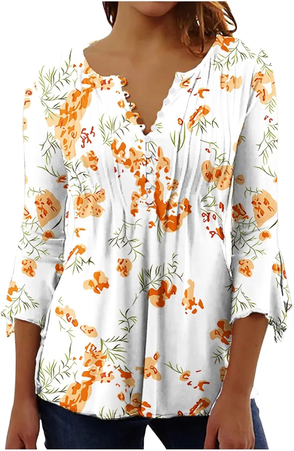Bohemian Tops for Women Trendy 2023 Sexy Elegant t-Shirt Boho Floral Print 3/4 Bell Sleeve v Neck Shirts Blouse