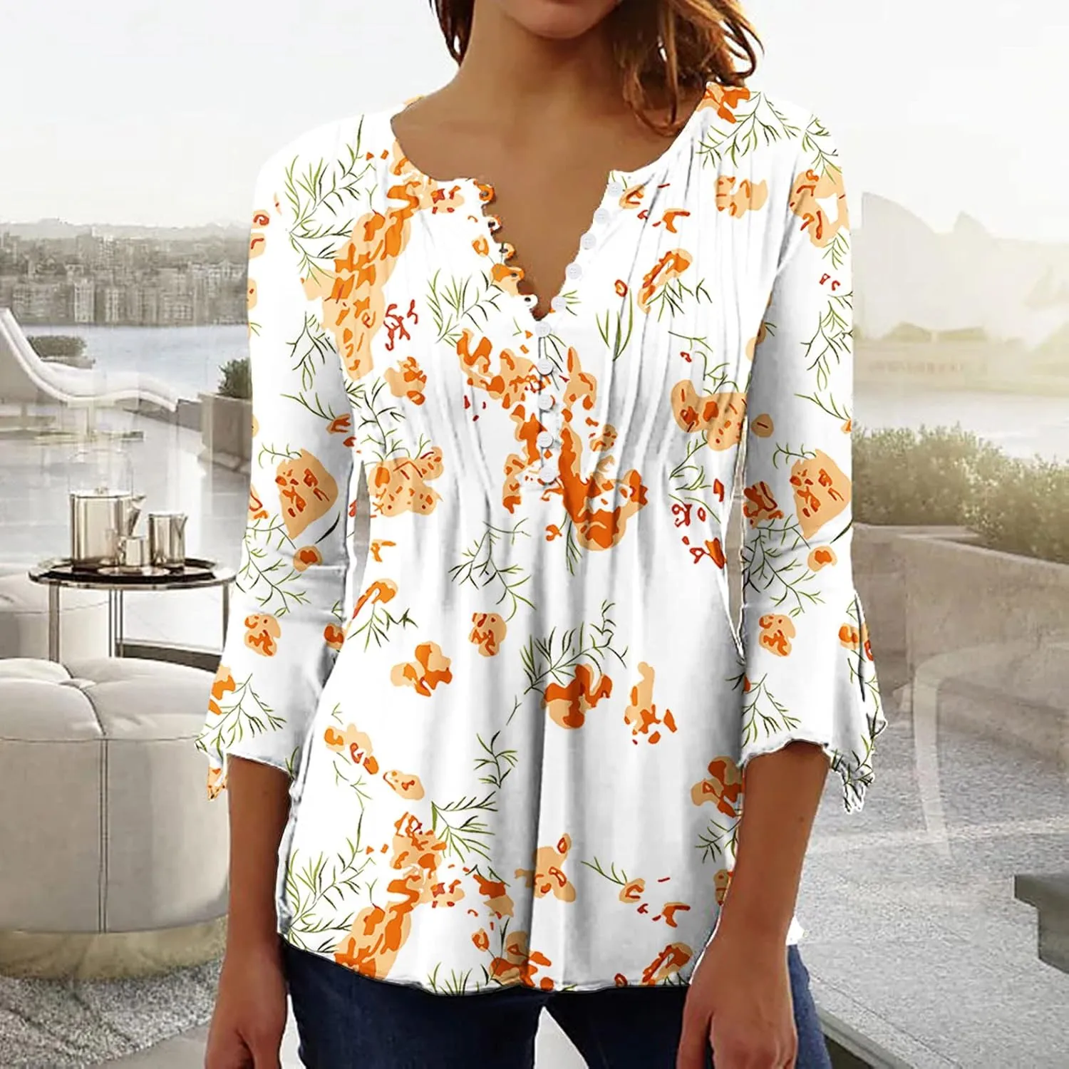 Bohemian Tops for Women Trendy 2023 Sexy Elegant t-Shirt Boho Floral Print 3/4 Bell Sleeve v Neck Shirts Blouse