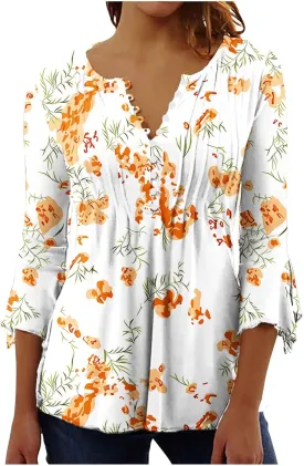 Bohemian Tops for Women Trendy 2023 Sexy Elegant t-Shirt Boho Floral Print 3/4 Bell Sleeve v Neck Shirts Blouse