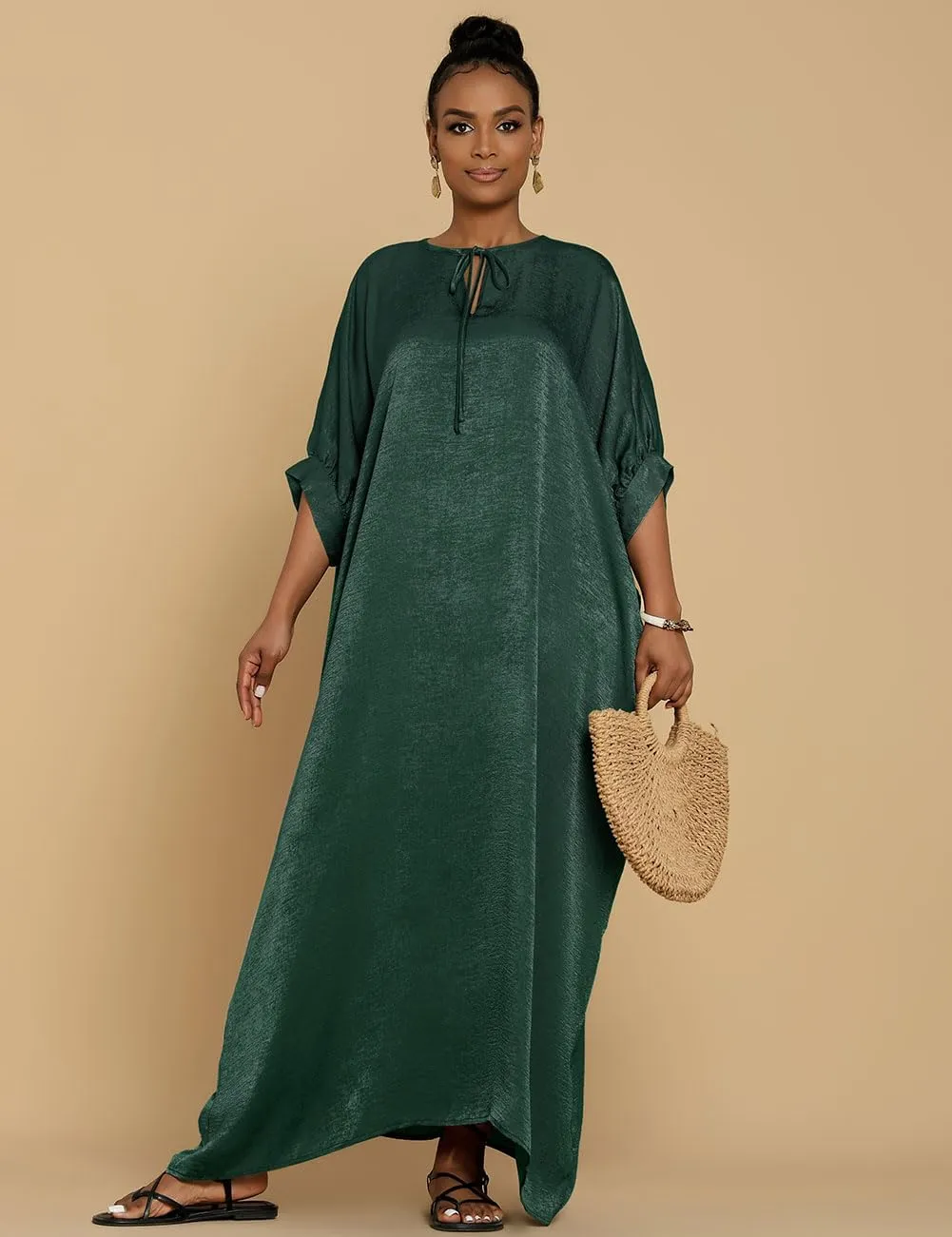 Bsubseach Kaftan Dresses for Women Satin V-Neck Caftans Coverups Long Dress Plus Size Beach Cover Up