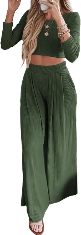 BTFBM Women's Two Piece Lounge Set Long Sleeve Bodycon Ribbed Knit Crop Top Loose Wide Leg Pant Casual Outfits Sweatsuit