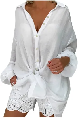 Ceboyel Women Oversized Cotton Linen Shirts Long Sleeve Button Down Blouses Casual Loose Gauze Top Work Summer Beach Outfits