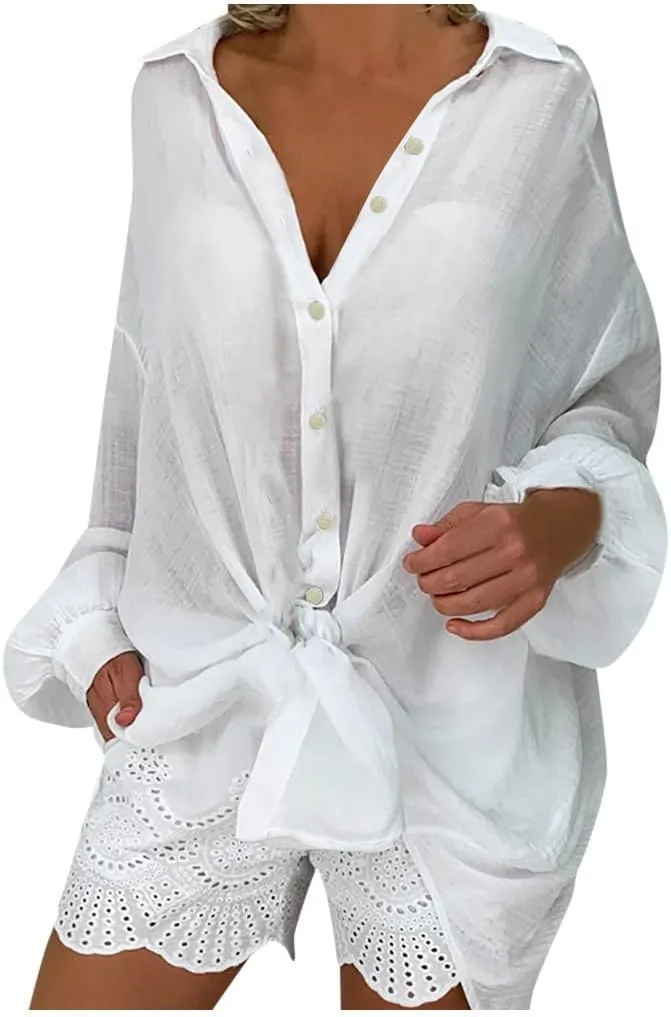 Ceboyel Women Oversized Cotton Linen Shirts Long Sleeve Button Down Blouses Casual Loose Gauze Top Work Summer Beach Outfits