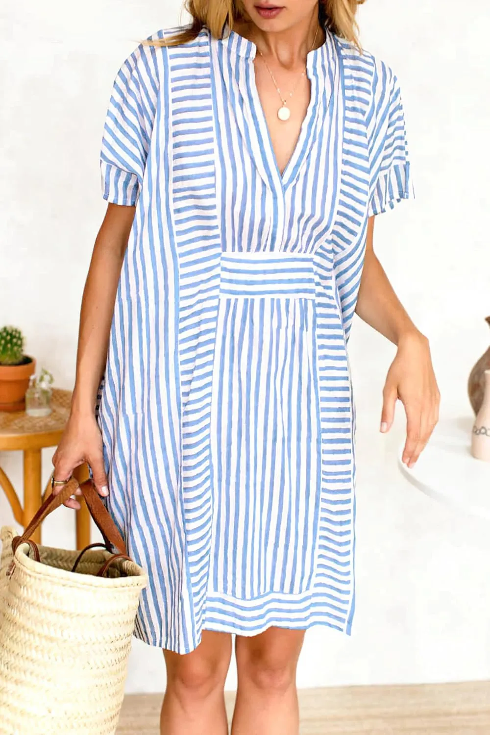 chouyatou Womens Summer Loose Stripe Beach Dress Cover Ups Casual Batwing Sleeve Midi Tunic Shirt Dress