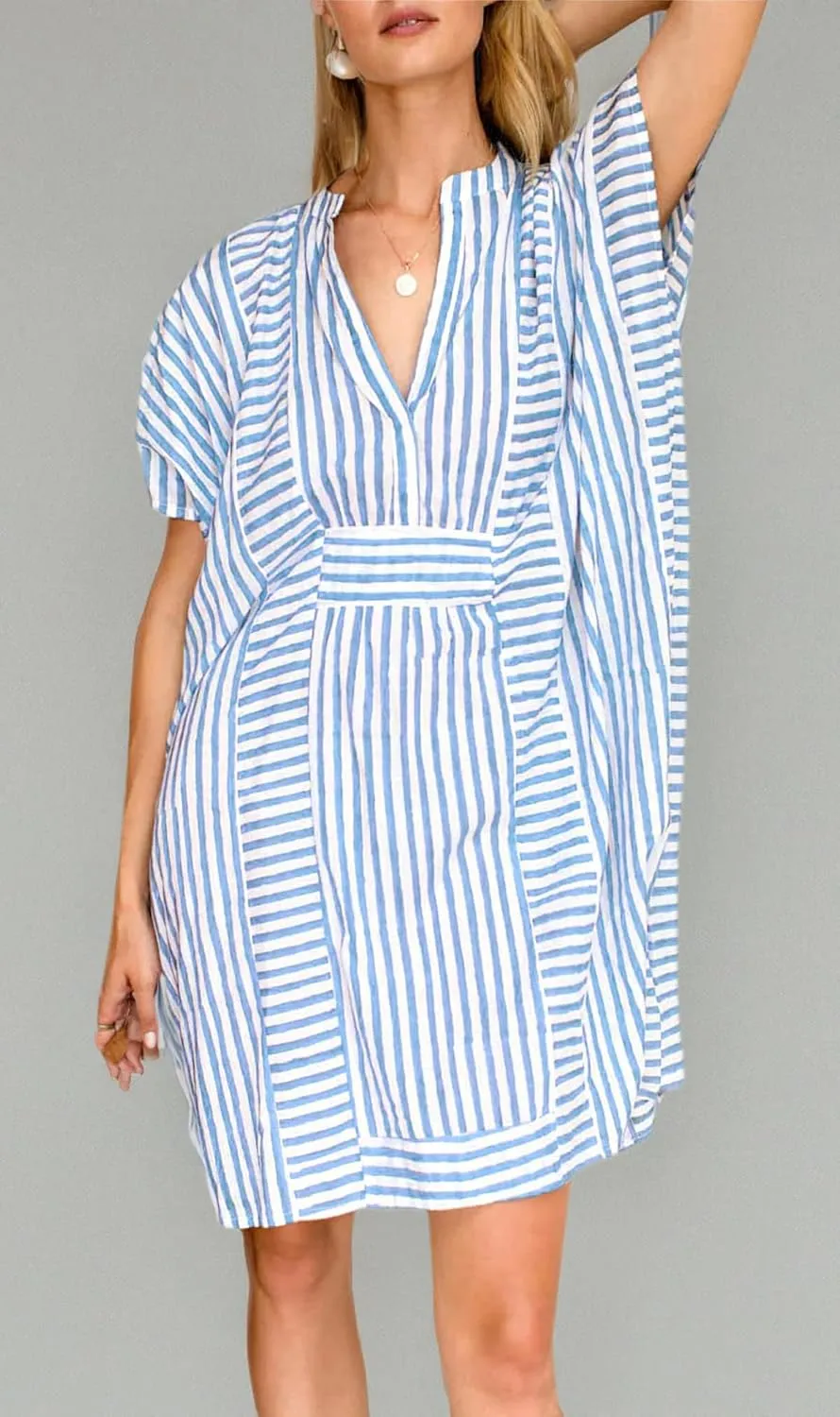 chouyatou Womens Summer Loose Stripe Beach Dress Cover Ups Casual Batwing Sleeve Midi Tunic Shirt Dress