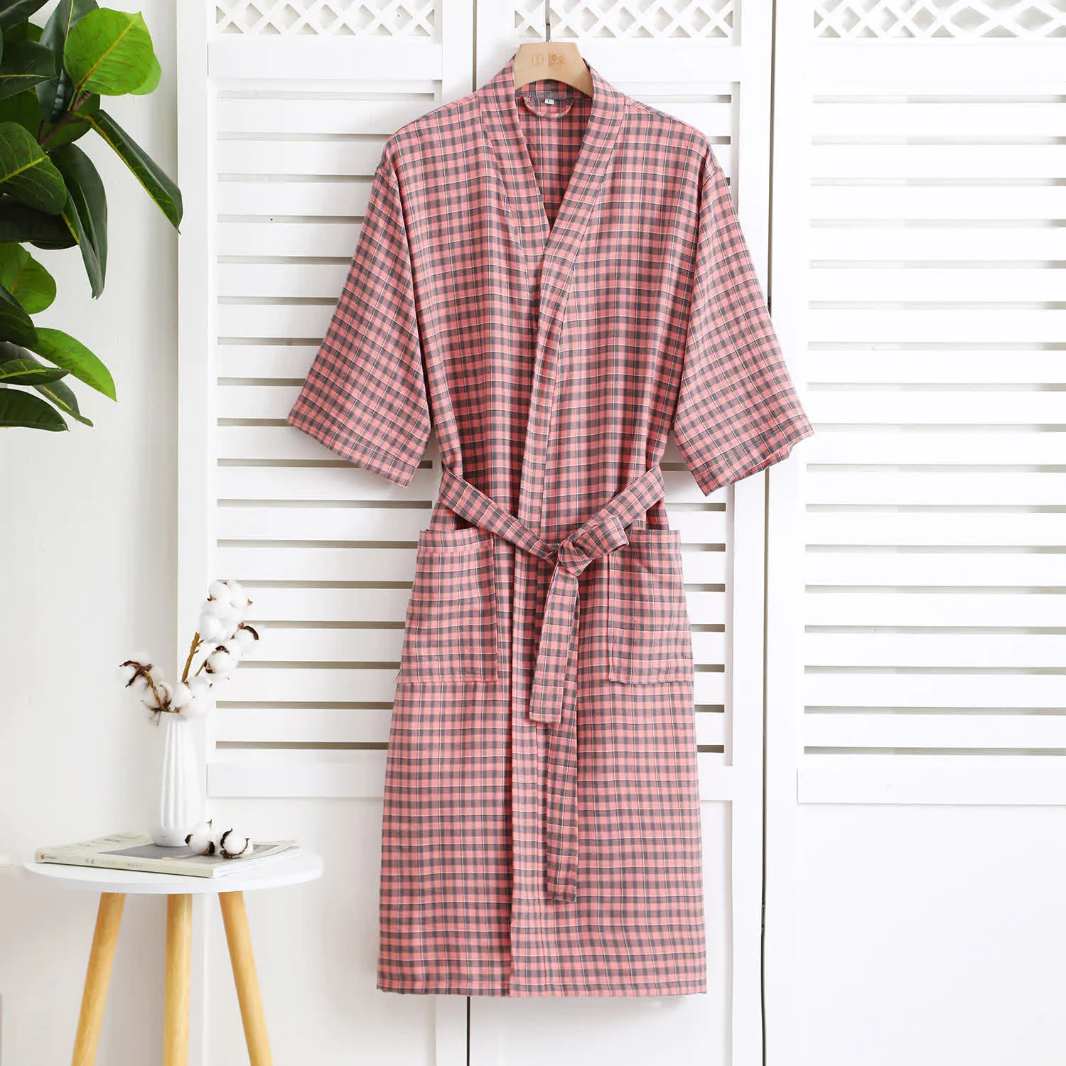 Cotton Gauze Jacquard Plaid Bathrobe