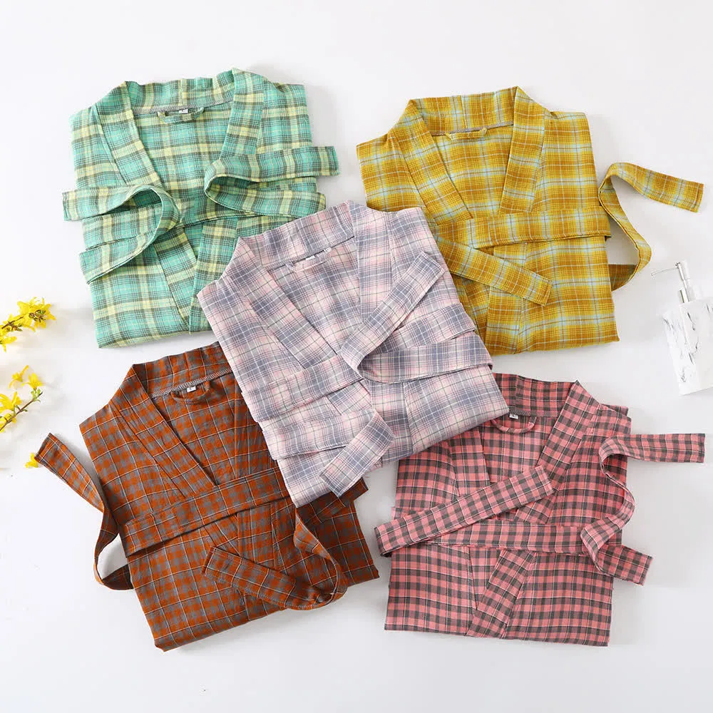 Cotton Gauze Jacquard Plaid Bathrobe