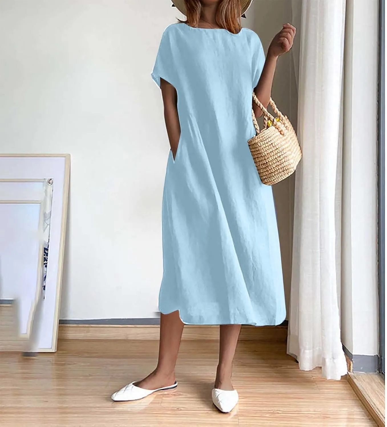 Cotton Linen Midi Dress for Women 2024 Summer Dresses Short Sleeve Causal Loose Tshirt Dress Trendy Elegant Beach Dress