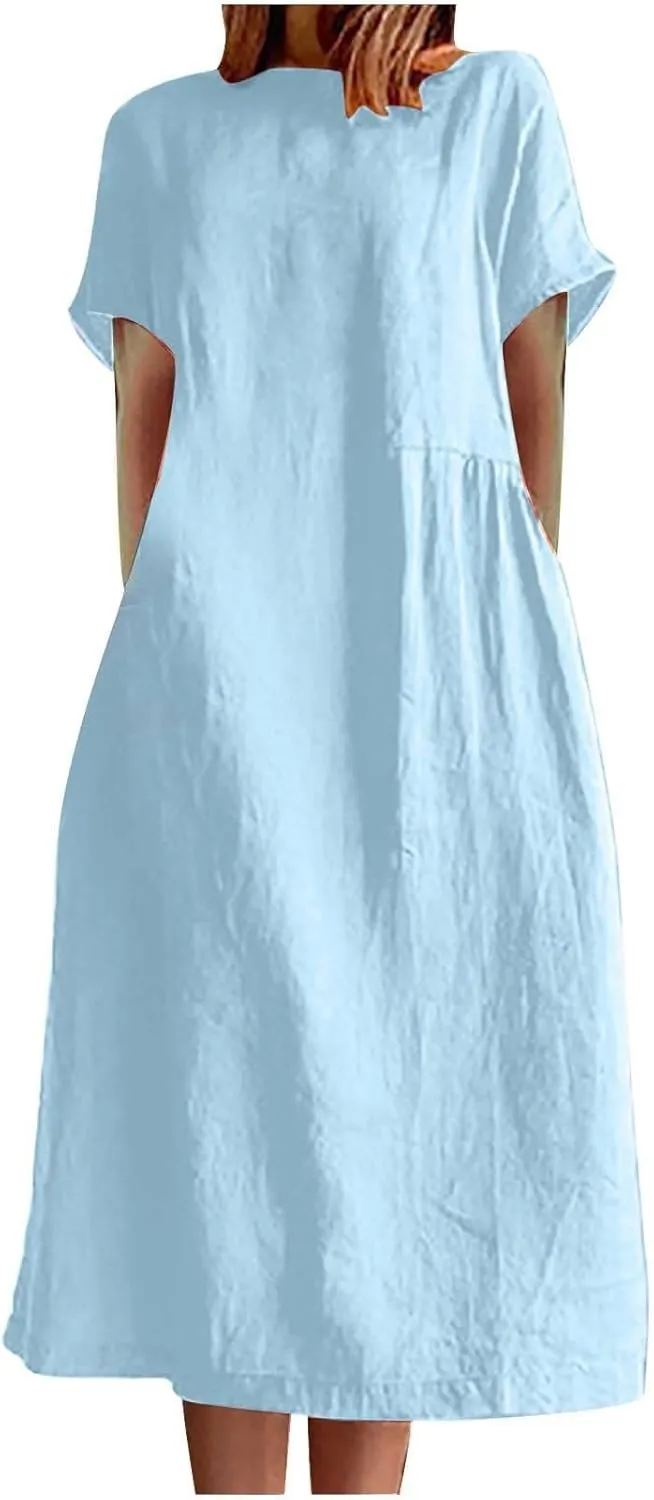 Cotton Linen Midi Dress for Women 2024 Summer Dresses Short Sleeve Causal Loose Tshirt Dress Trendy Elegant Beach Dress