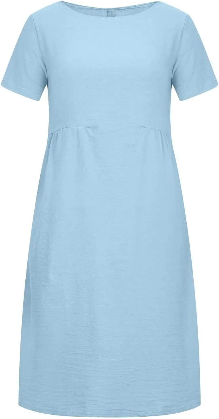 Cotton Linen Midi Dress for Women 2024 Summer Dresses Short Sleeve Causal Loose Tshirt Dress Trendy Elegant Beach Dress