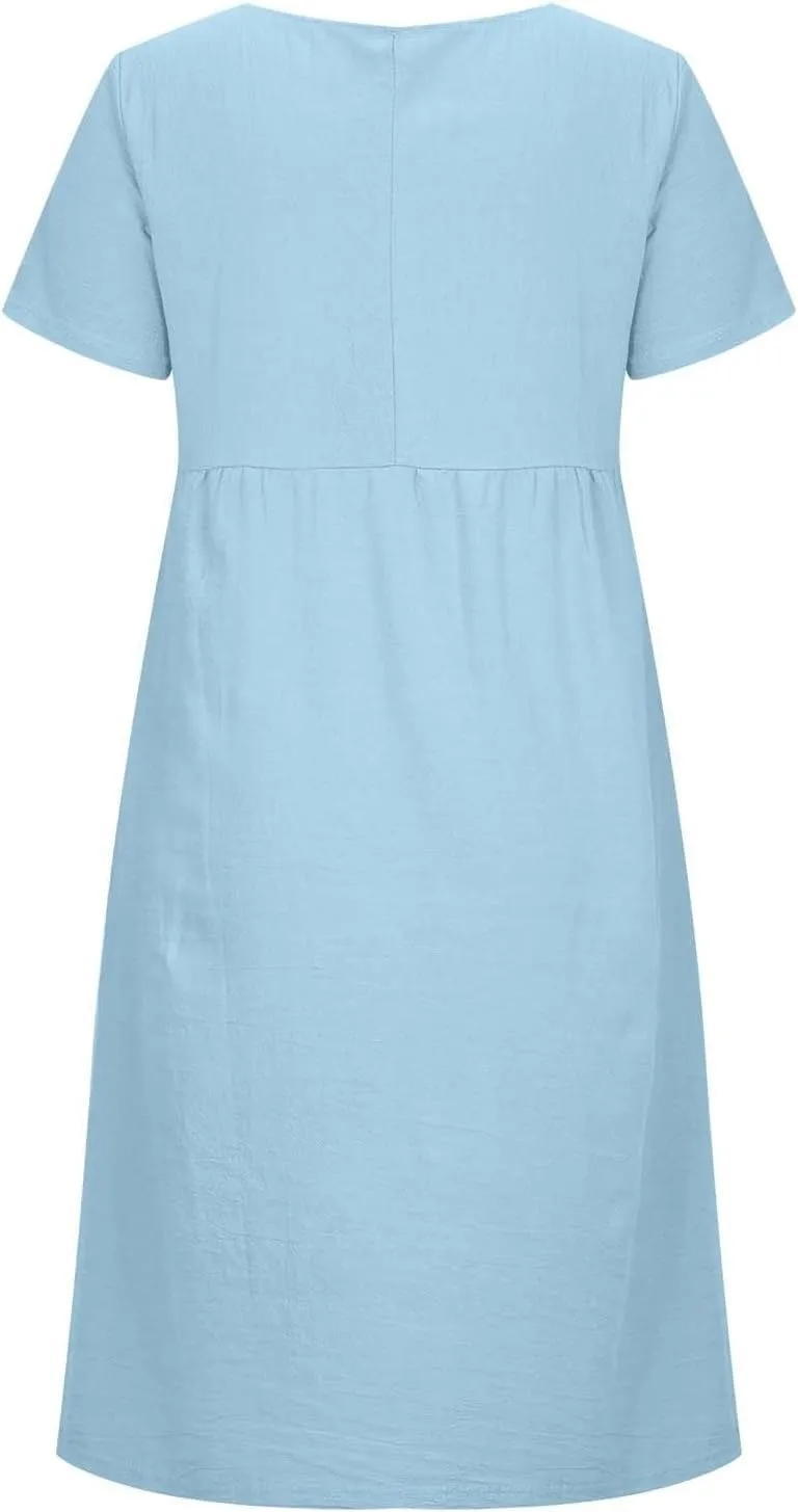 Cotton Linen Midi Dress for Women 2024 Summer Dresses Short Sleeve Causal Loose Tshirt Dress Trendy Elegant Beach Dress