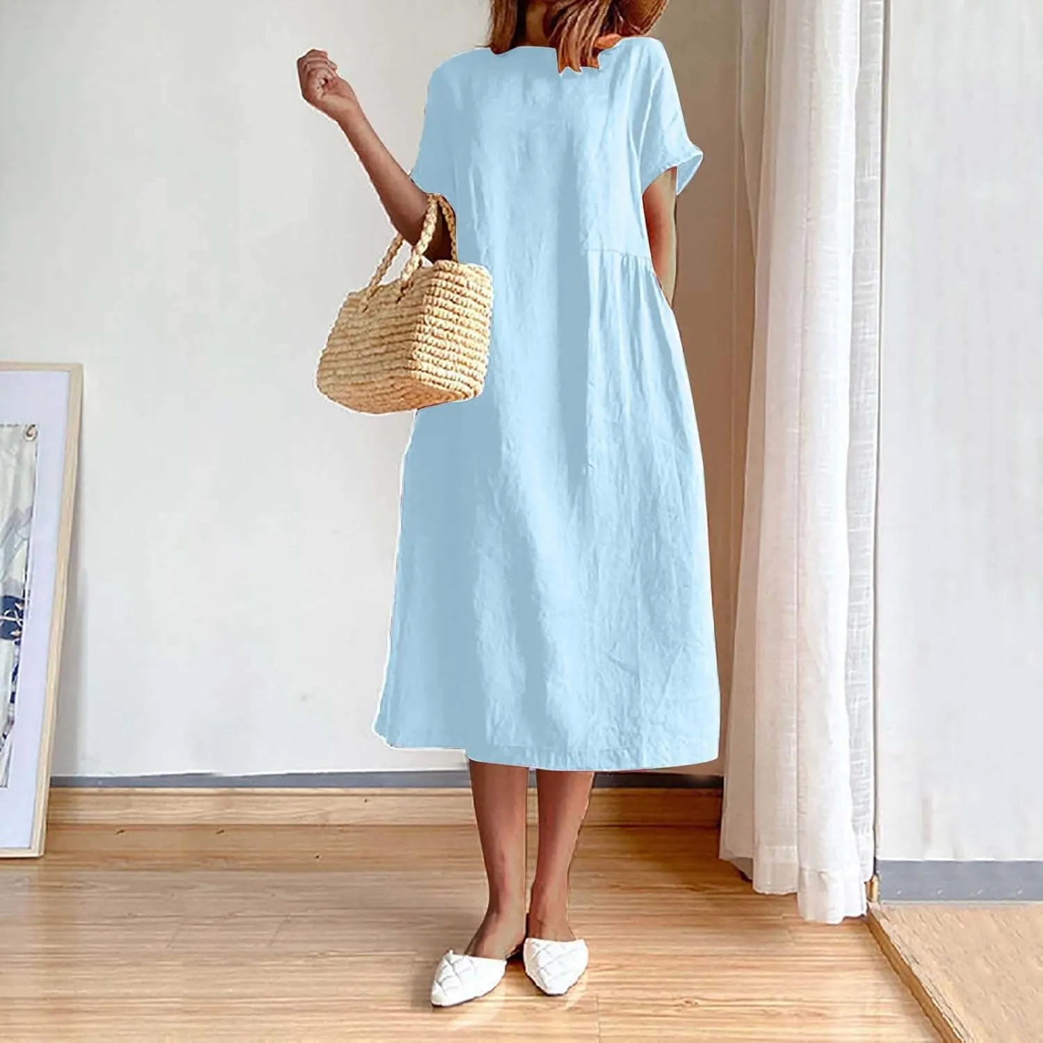 Cotton Linen Midi Dress for Women 2024 Summer Dresses Short Sleeve Causal Loose Tshirt Dress Trendy Elegant Beach Dress
