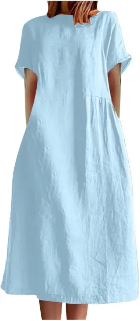 Cotton Linen Midi Dress for Women 2024 Summer Dresses Short Sleeve Causal Loose Tshirt Dress Trendy Elegant Beach Dress