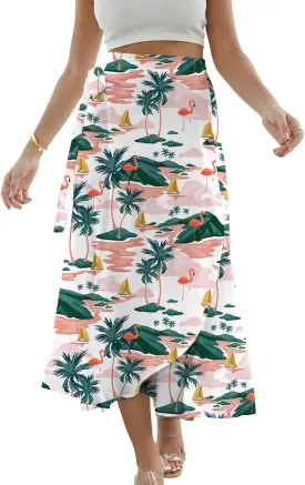 Cromoncent Womens Boho Floral Wrap Maxi Skirt Summer Tie Up Waist Split Beach Skirts