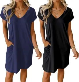 Ekouaer Womens 2 Pack Nightgown V Neck Sleepshirt Short Sleeve Nightshirt Plain/Floral Pajama Dress with Pockets