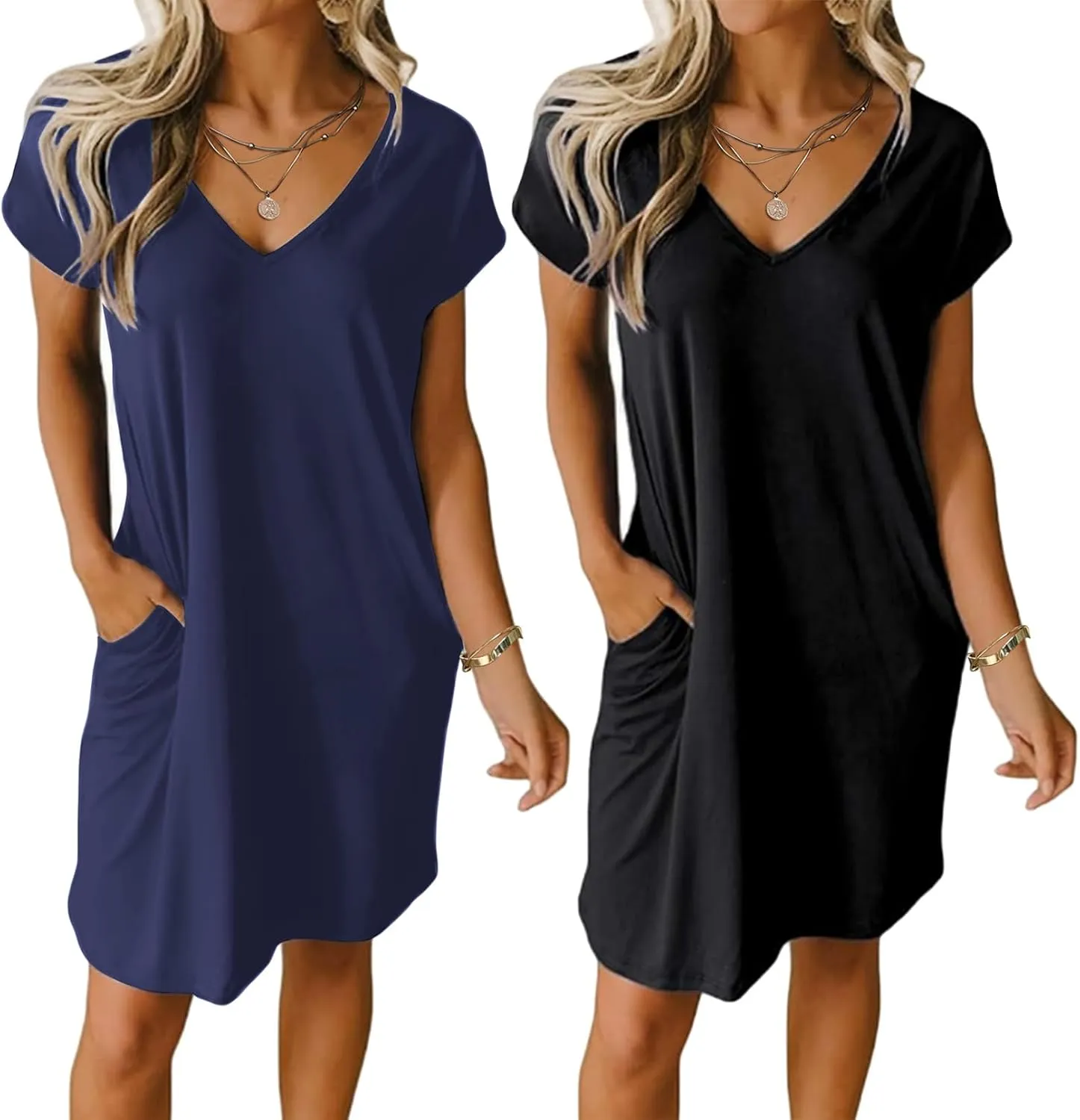 Ekouaer Womens 2 Pack Nightgown V Neck Sleepshirt Short Sleeve Nightshirt Plain/Floral Pajama Dress with Pockets