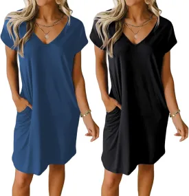 Ekouaer Womens 2 Pack Nightgown V Neck Sleepshirt Short Sleeve Nightshirt Plain/Floral Pajama Dress with Pockets