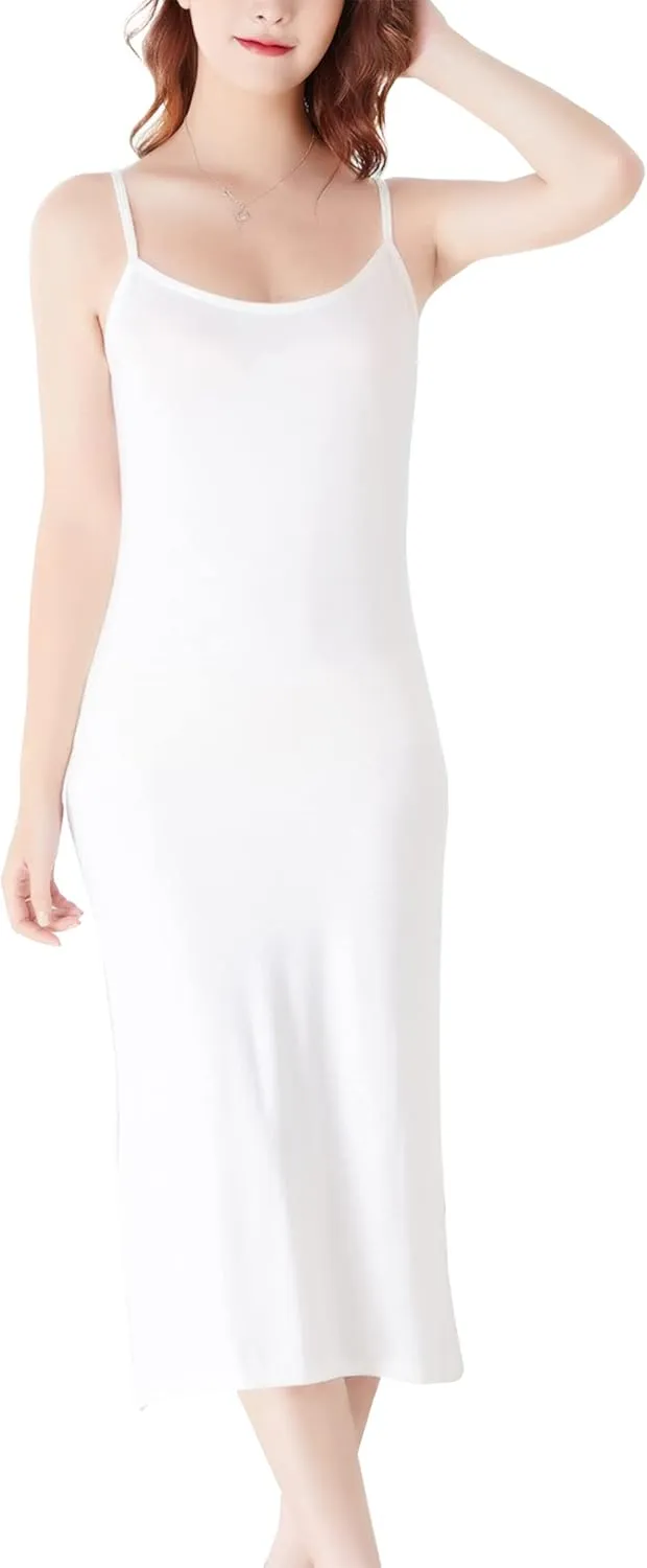 FEOYA Women's Full Slip Dress Soft Cotton Under Dress Spaghetti Strap Cami Dress Seamless Basic Sleepwear Chemise Nighgowns