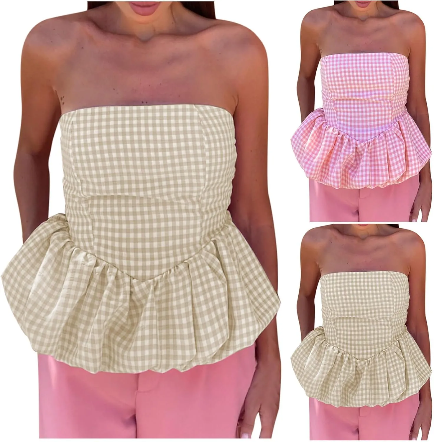 HGps8w Womens Chic Bubble Hem Tube Tops Strapless Off Shoulder Peplum Shirts Sleeveless Going Out Bandeau Tops