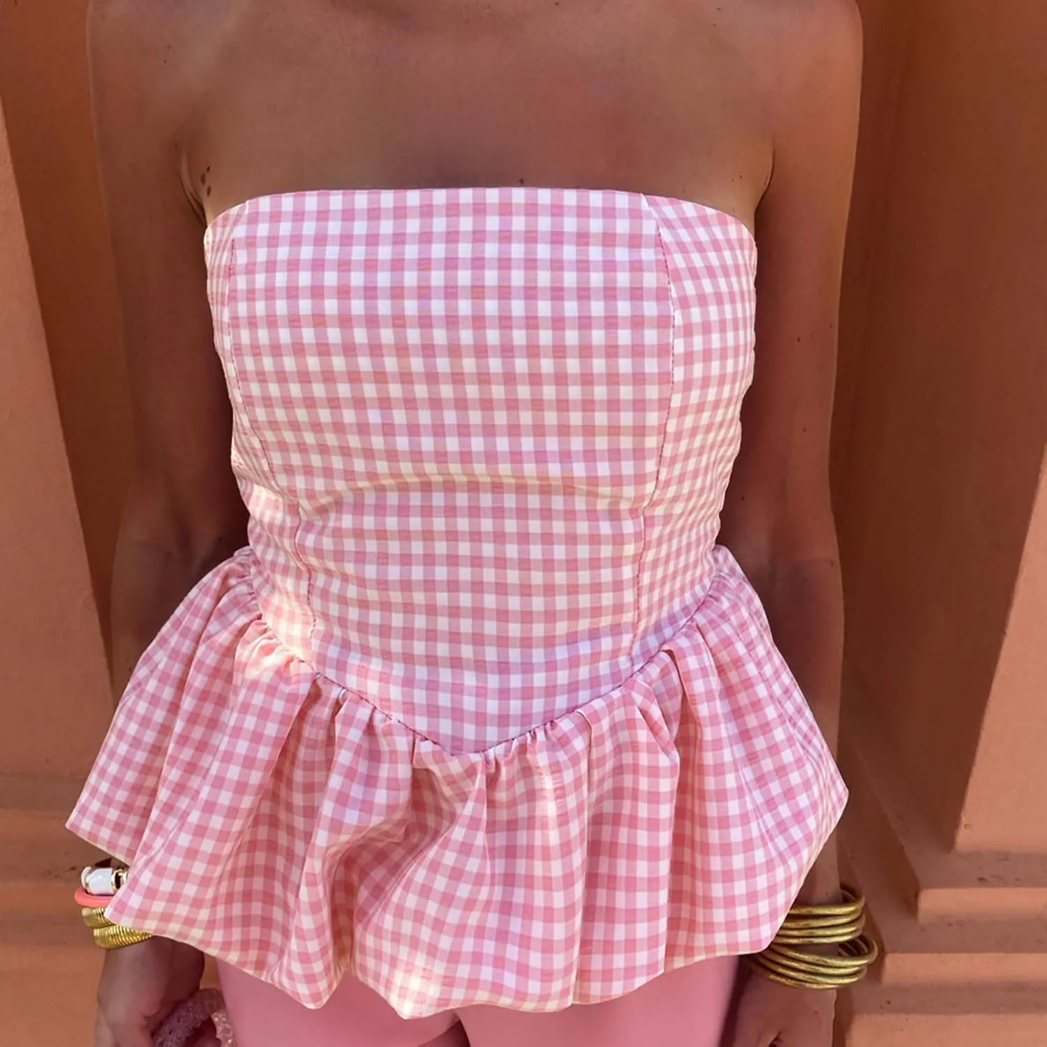 HGps8w Womens Chic Bubble Hem Tube Tops Strapless Off Shoulder Peplum Shirts Sleeveless Going Out Bandeau Tops