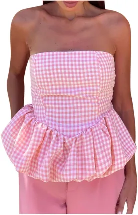 HGps8w Womens Chic Bubble Hem Tube Tops Strapless Off Shoulder Peplum Shirts Sleeveless Going Out Bandeau Tops