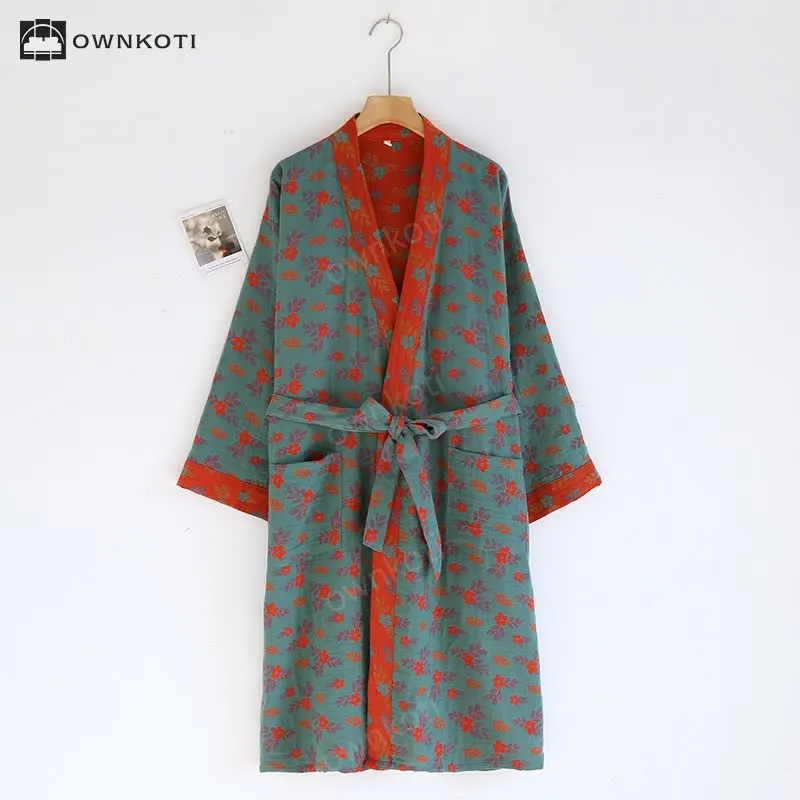 Jacquard Floral Cotton Gauze Lightweight Bathrobe
