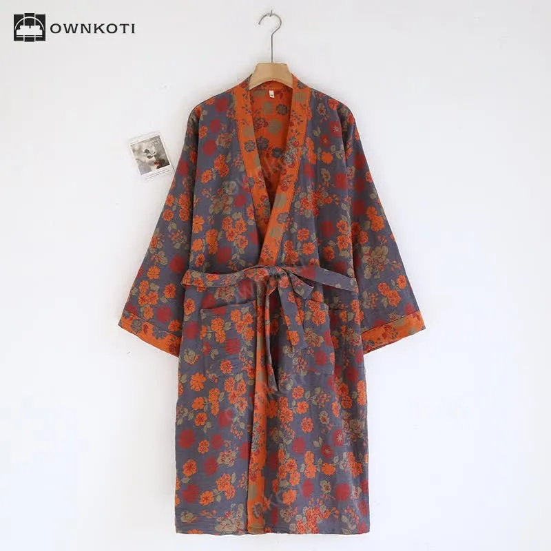 Jacquard Floral Kimono Cotton Gauze Bathrobe