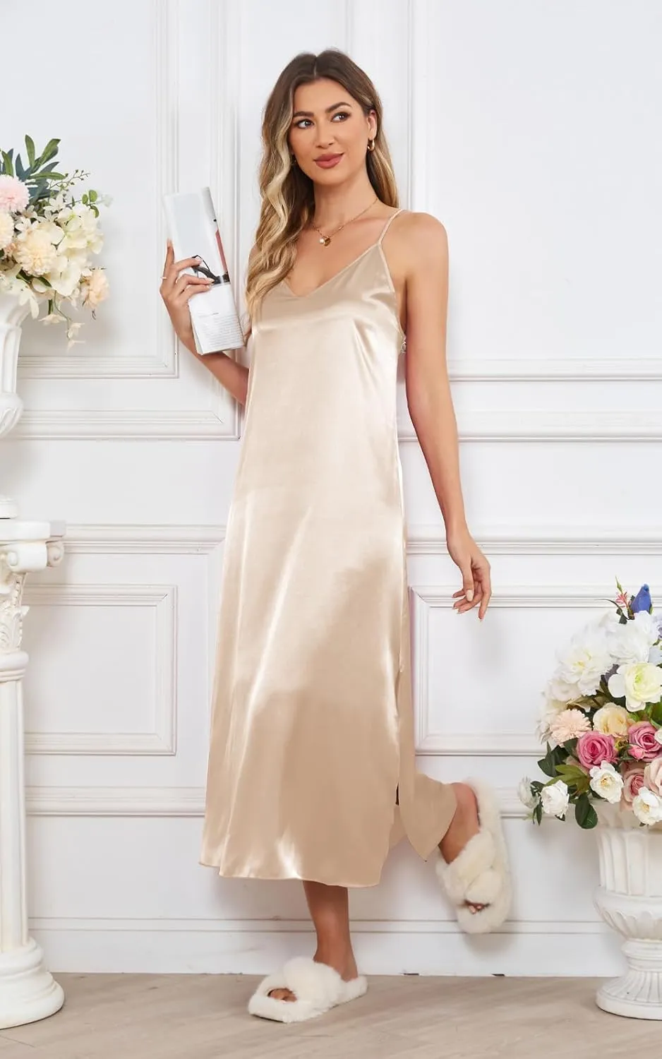 Kasual Womens Satin Nightgown Sexy Lingerie Sleepwear Spaghetti Strap Nightdress V Neck Chemises Silky Long Slip Dress