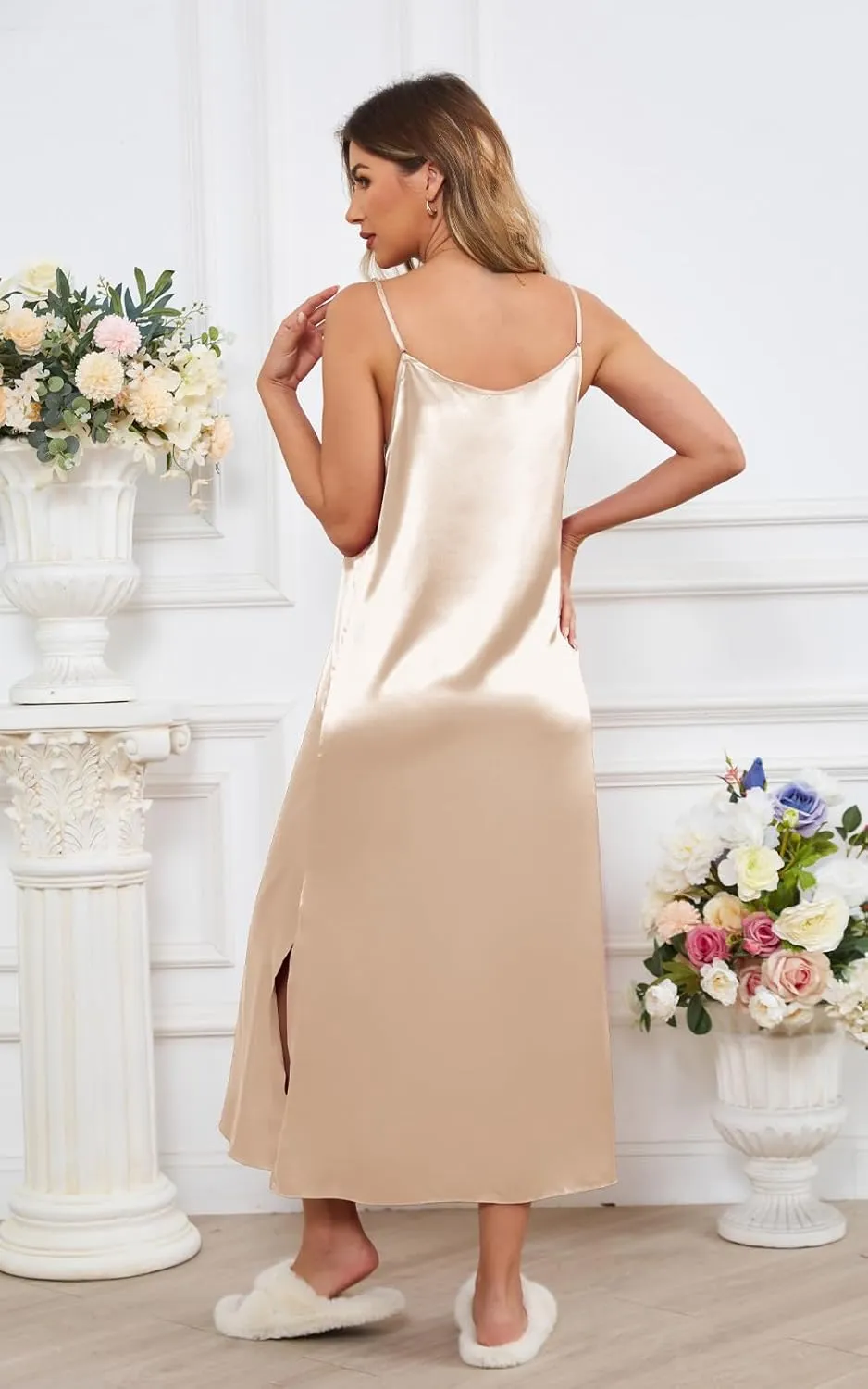 Kasual Womens Satin Nightgown Sexy Lingerie Sleepwear Spaghetti Strap Nightdress V Neck Chemises Silky Long Slip Dress