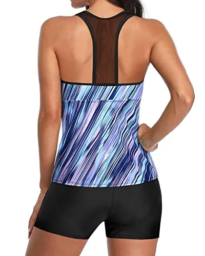 Lace Up Mesh Racerback Tankini Swimsuits For Women-Blue And Black Stripe