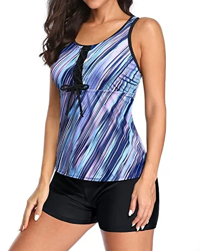 Lace Up Mesh Racerback Tankini Swimsuits For Women-Blue And Black Stripe