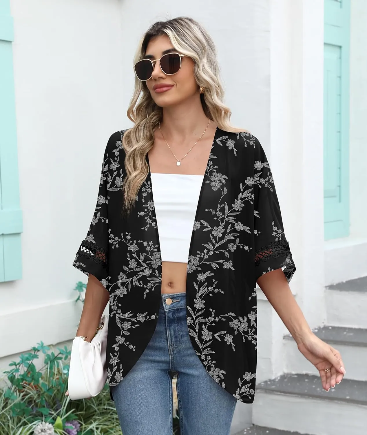 LILBETTER Women Lightweight Chiffon Kimono Cardigan Puff Sleeve with Lace Loose Beach Wear Cover Up Blouse Top
