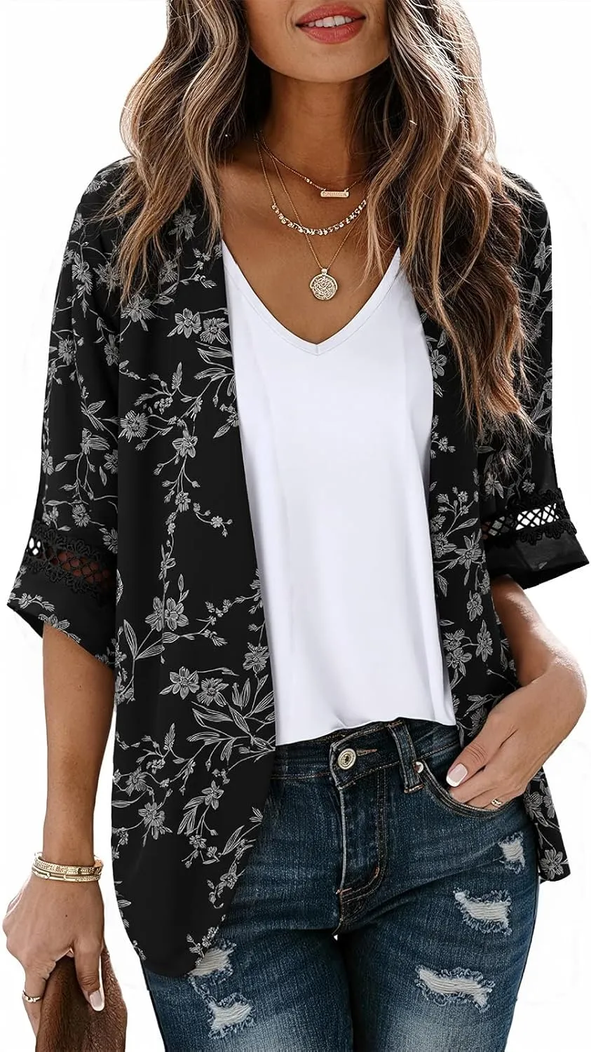 LILBETTER Women Lightweight Chiffon Kimono Cardigan Puff Sleeve with Lace Loose Beach Wear Cover Up Blouse Top