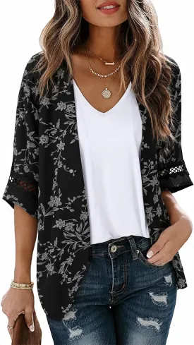 LILBETTER Women Lightweight Chiffon Kimono Cardigan Puff Sleeve with Lace Loose Beach Wear Cover Up Blouse Top