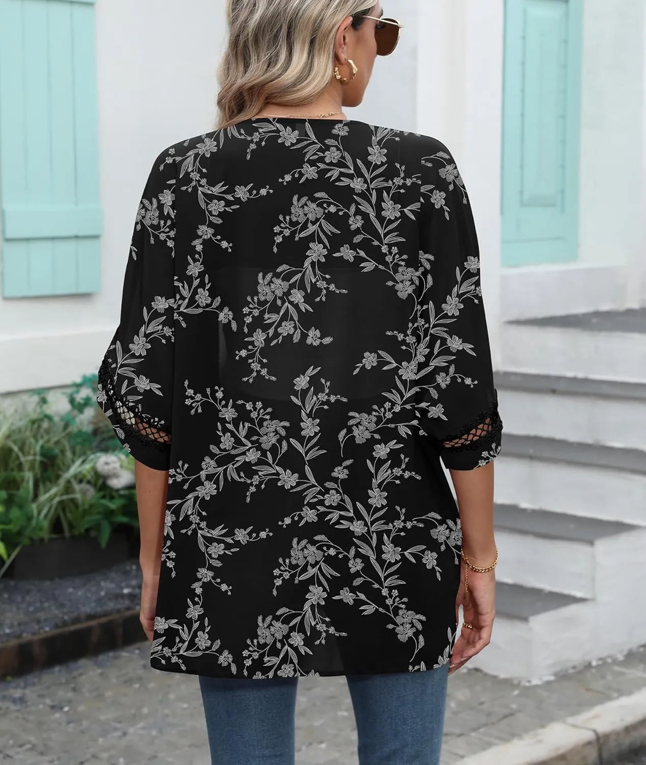 LILBETTER Women Lightweight Chiffon Kimono Cardigan Puff Sleeve with Lace Loose Beach Wear Cover Up Blouse Top